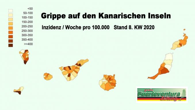 Grippe-Epedemie 2020 auf den Kanaren: 24 Tote und 209 schwere Fälle 1 Grippe nach Inseln 8 KW 1