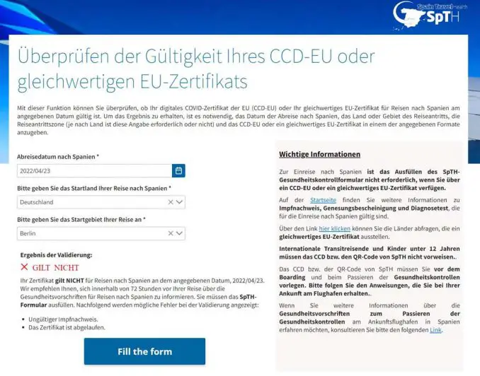 EU- Zertifikat oder QR Code: Was muss man zur Einreise nach Fuerteventura – vorlegen? 5 SpTHweb Validierung gilt nicht web